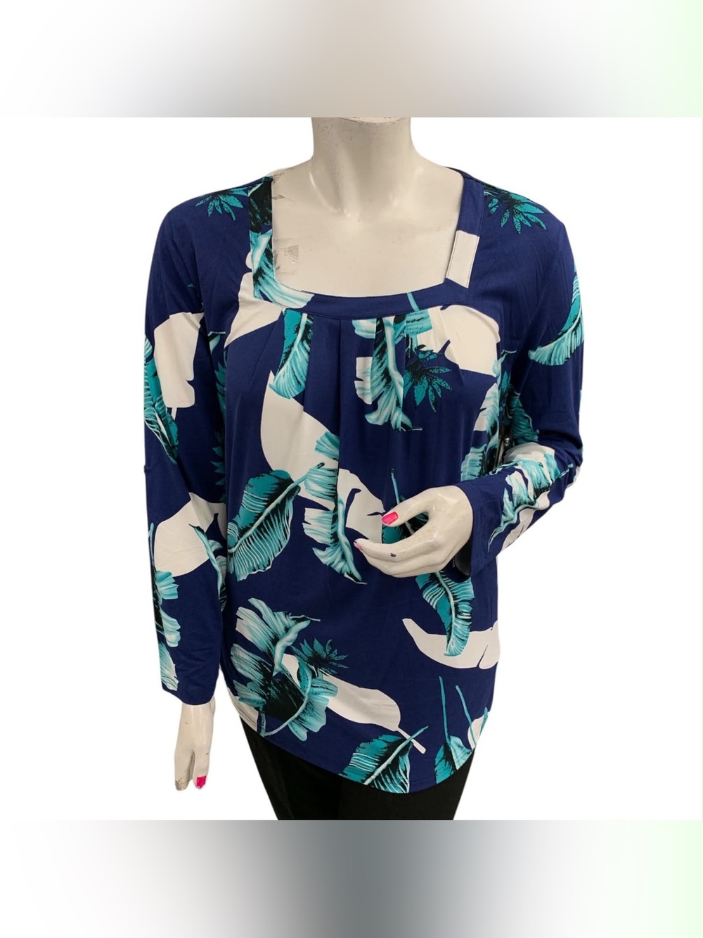 Karalin NWT Square Neck Navy Tropical Print Long Sleeve Top Size XL